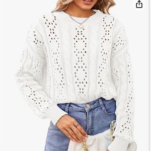 White crochet puffy sleeve knit sweater